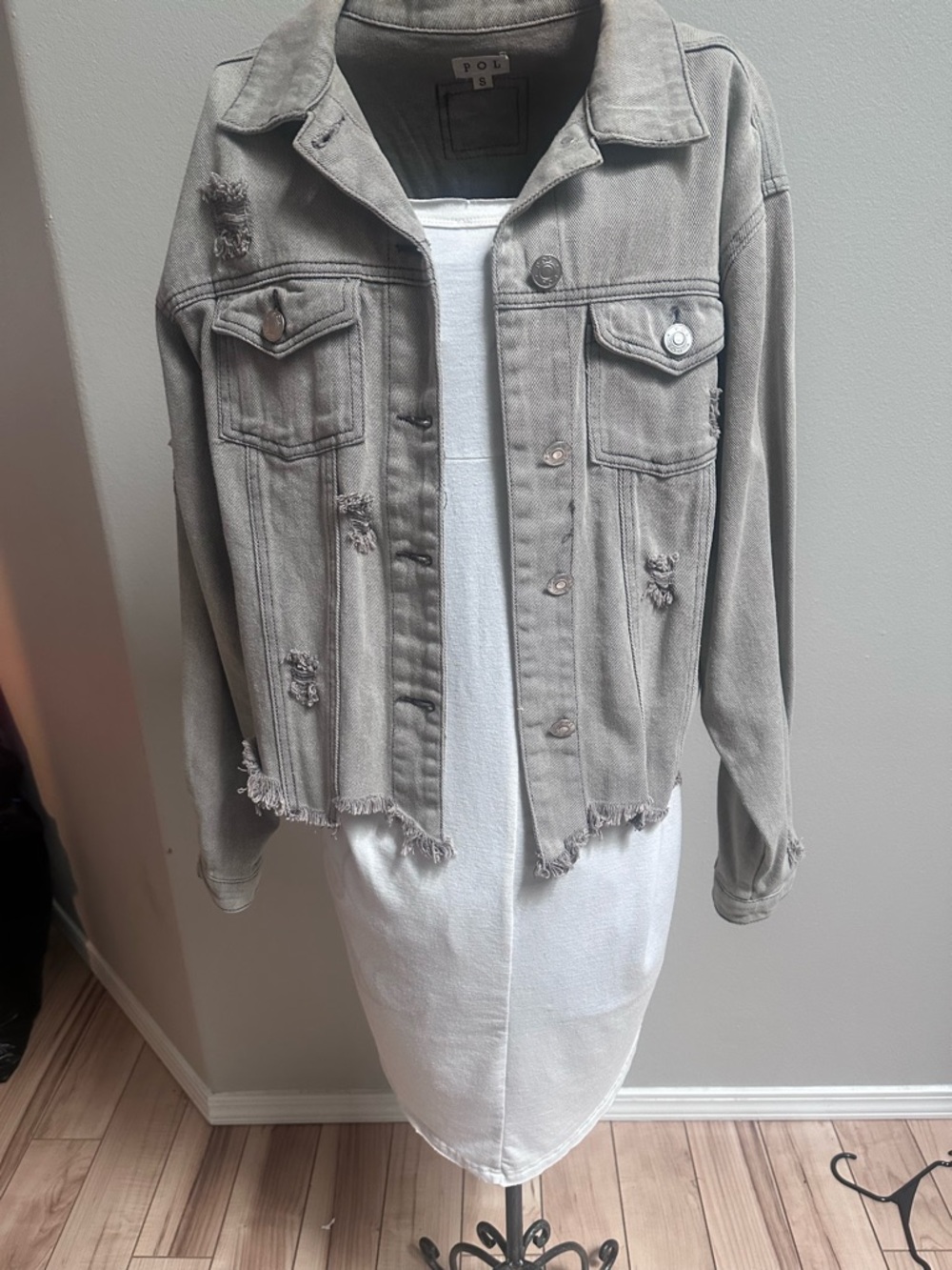 POL Light Gray Distressed Denim Jacket